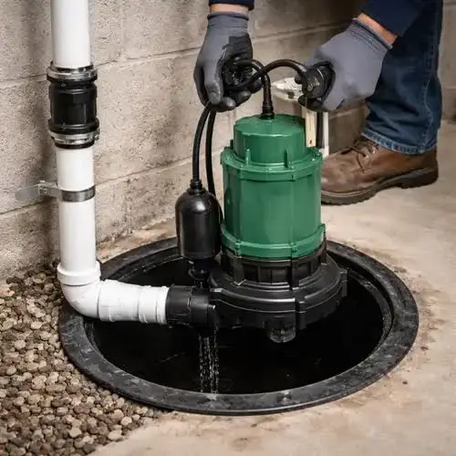 Technician removing a submersible sump pump from a basement sump pit - xtraPro