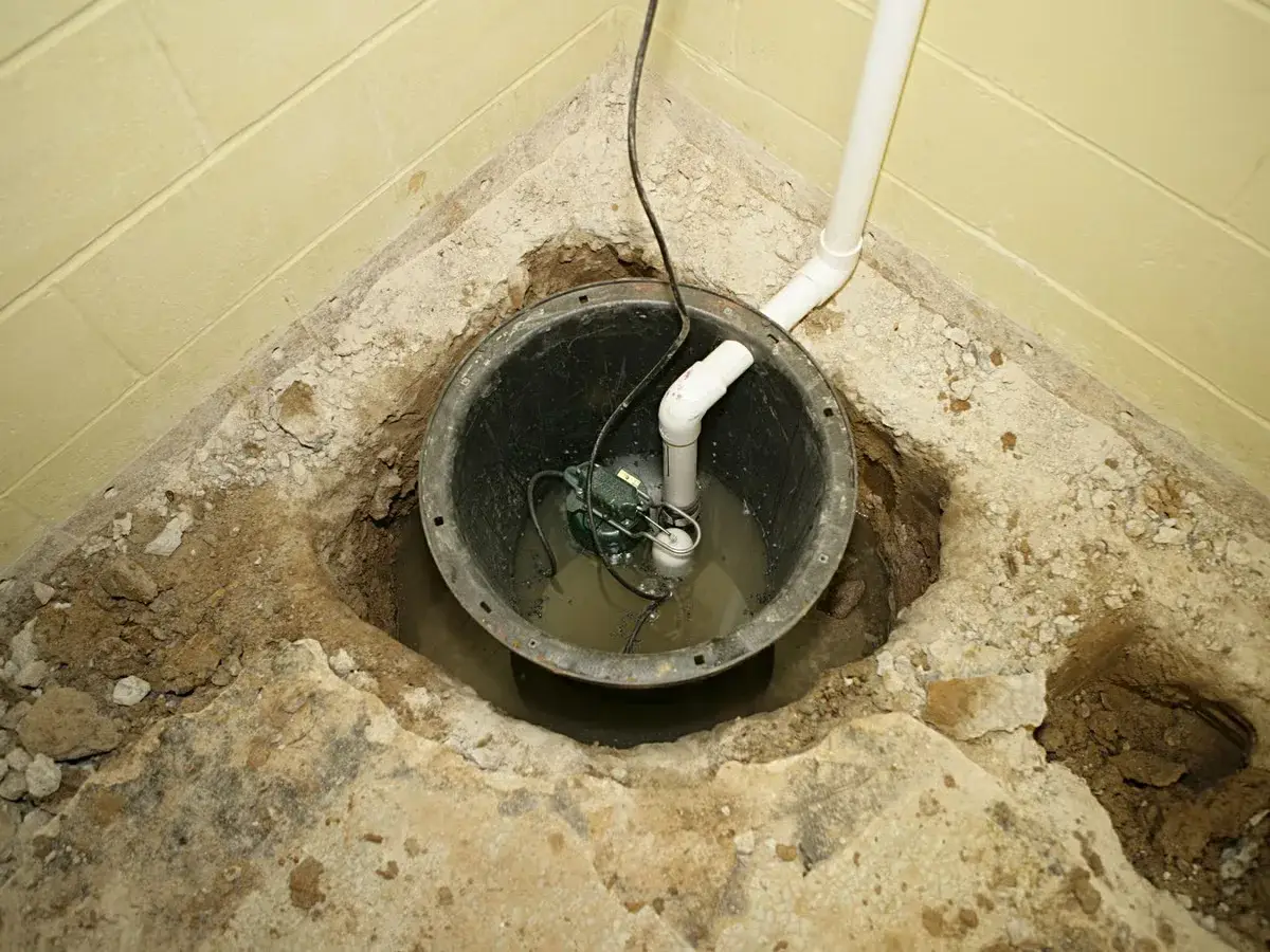 Professional sump pump basin installation in basement with drainage pipe and submersible pump system for flood protection - xtraPro